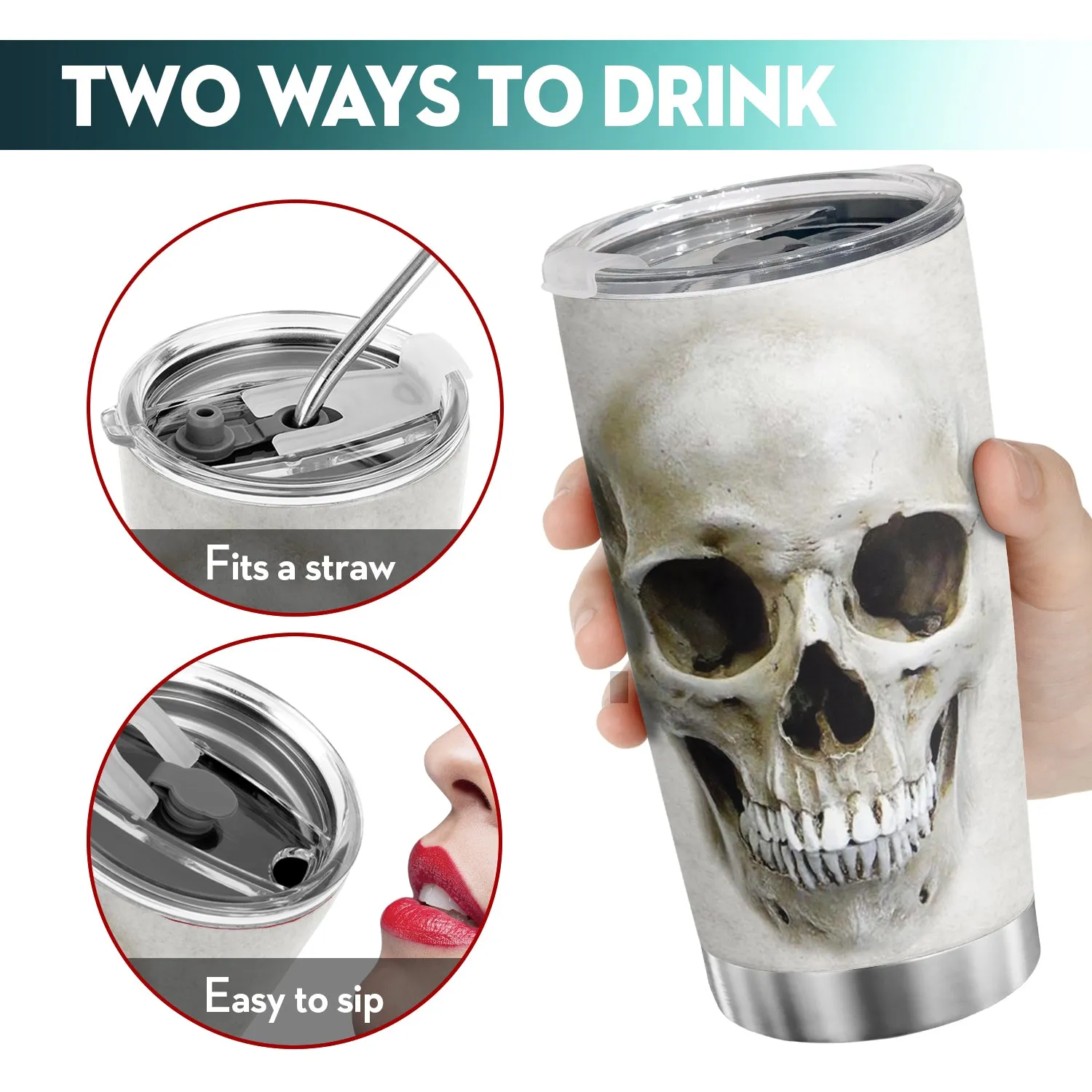 20oz White Skull Stainless Steel Tumbler Wih Splash Proof Lid Double Wall Vacuum Insulated, Mug Coffee Cup Travel, Camping, Work, Gym Hot Cold Drinks