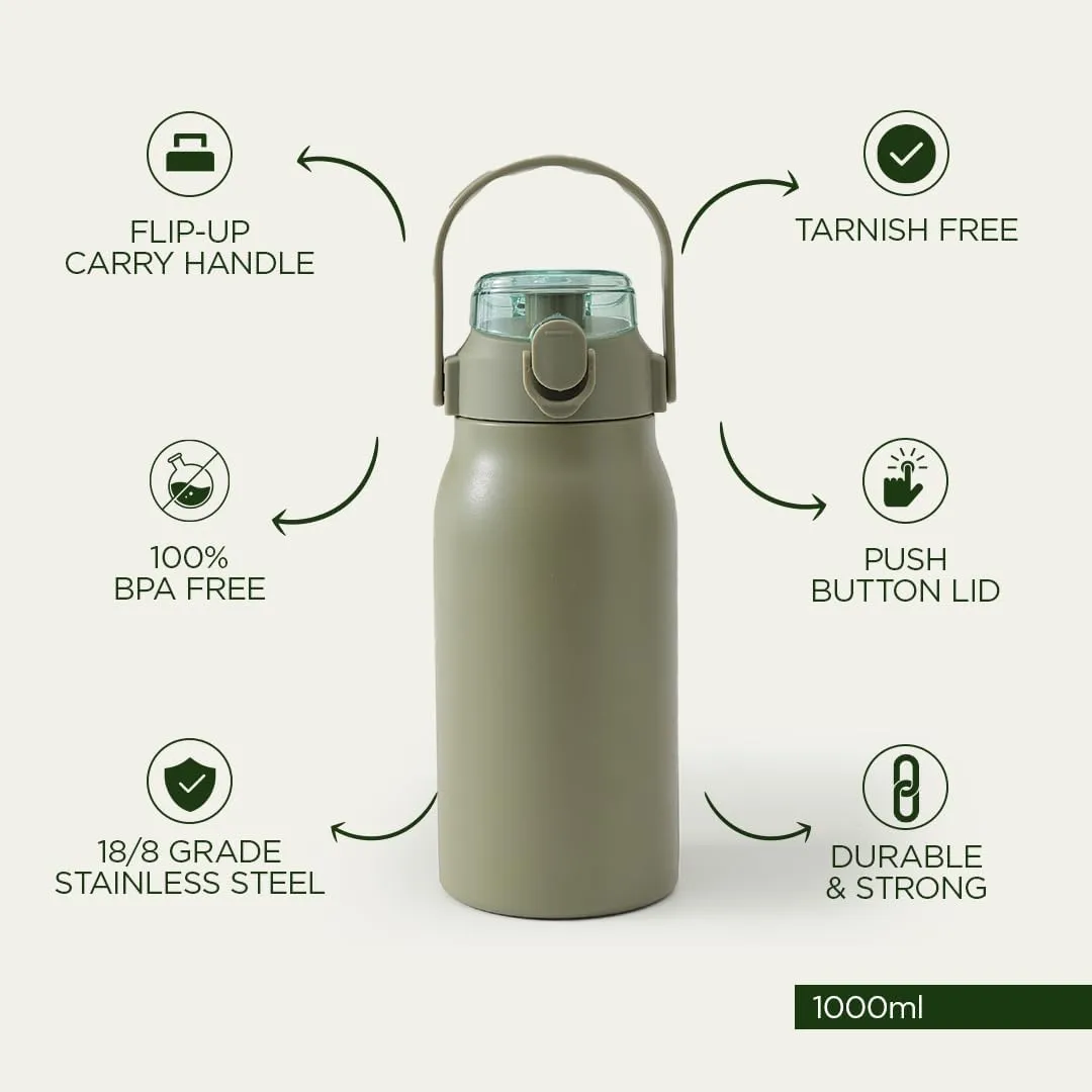 U Insulated Stainless Steel Bottle 1 Litre with Sipper Lid-Double Wall Vacuum Thermos | Leak Proof | Rust Proof | Keeps Drinks Hot/Cold for 6-12 Hours | Flip Up Handle (Pack of 6, Olive